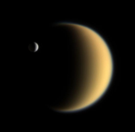 Enceladus transiting the moon Titan on 5 February 2006