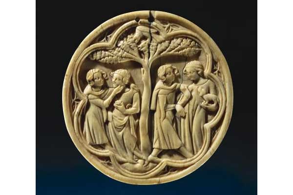 Lid of a mirror case with loving couples, (c. 1350), France,