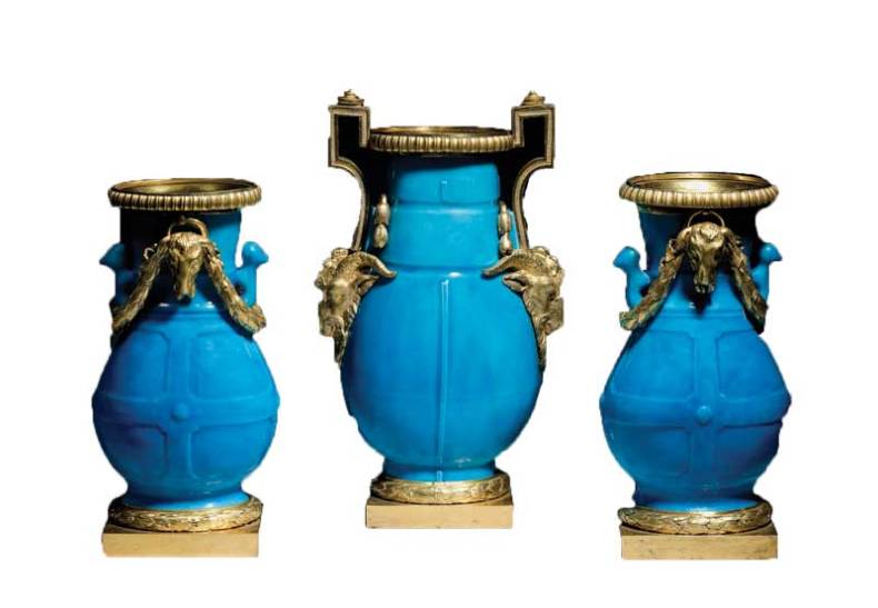 Garniture of three vases (c. 1768), Sevres porcelain with ormolu mounts.