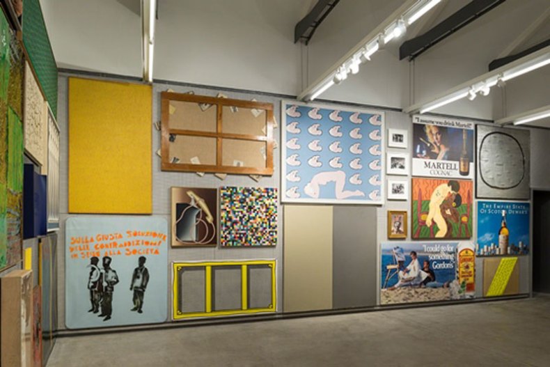 Exhibition view of ‘An Introduction’, with works by Luc Tuymans, Gastone Novelli, Salvatore Scarpitta, Enrico Castellani, Gerhard Richter, Günther Förg, Carla Accardi, Lucio Fontana, Llyn Foulkes, Alberto Burri, Emilio Vedova, William N.Copley, Antoni Tàpies, John Wesley, John Baldessari, Victor Vasarely, Giulio Turcato, Mario Schifano, Konrad Klapheck, Jan Schoonhoven. Fondazione Prada Milano 2015.