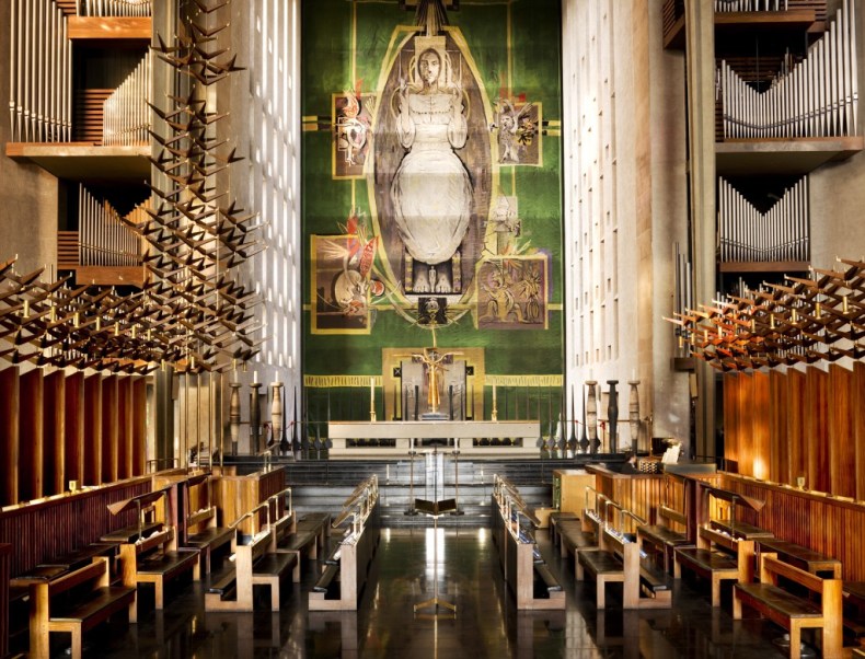 Choir and sanctuary, Cathedral Church of St Michael and All Angels, Coventry, scheme won in competition by Basil Spence in 1951; built in 1955–62