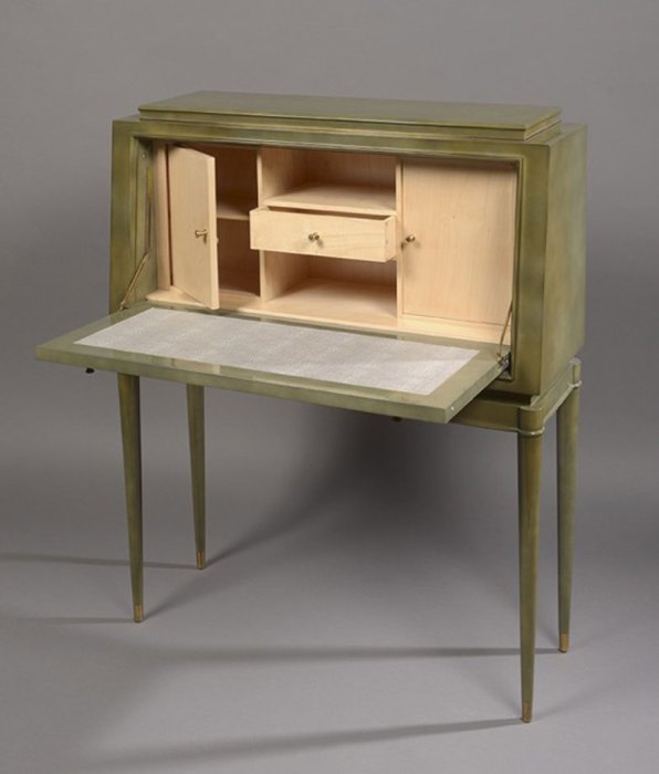Writing desk (c. 1950), Baptistin Spade (1891–1969), green lacquered wood and sycamore interior, ht 117cm.