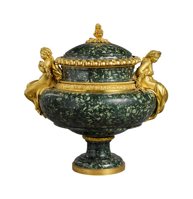 Porphyry and gilt bronze vase (c. 1775–80), gilt bronze by Pierre Gouthière, green Greek porphyry carved by Augustin Bocciardi or Pierre-Jean-Baptiste Delaplanche, after a design by François-Joseph Bélanger. Musée du Louvre, Paris. Musée du Louvre, Paris. Photo: © RMN-Grand Palais/Art Resource, NY