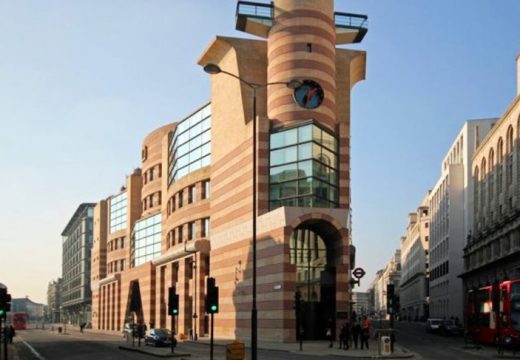 No. 1 Poultry, London, designed by James Stirling Michael Wilford Associates and completed in 1998.