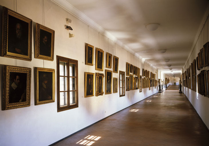 View of the Uffizi’s collection of self-portraits by artists in the Vasari Corridor (1445–1510). Galleria degli Uffizi, Florence