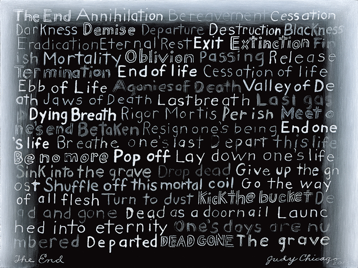 Title Panel: Mortality from 'The End: A Meditation on Death and Extinction' (2015), Judy Chicago.
