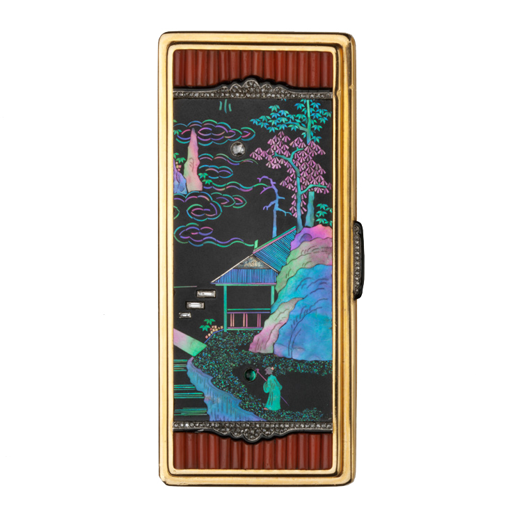 Gold, coral and diamond-set vanity case with laque burgauté panels (1924), Cartier, Paris.