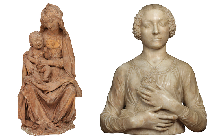 Left: Madonna with the Laughing Child (c. 1472), attrib. Leonardo da Vinci. Photo: © Victorian and Albert Museum, London. Right: Bust of a Lady (Lady with Flowers) (c. 1475), Andrea del Verrocchio. Museo Nazionale del Bargello, Florence. Photo: Giovanni Martellucci