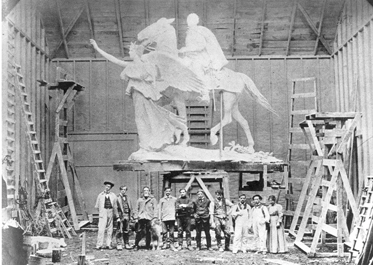 Augustus Saint-Gaudens and assistants in his Large Studio, Cornish, NH, in 1905, with a plaster version of the General William Tecumseh Sherman Monument.