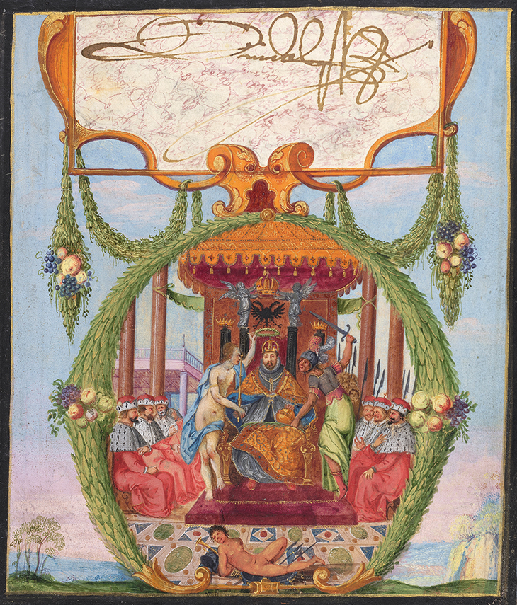 Coronation of Rudolf II, Holy Roman Emperor (before 1612), artist unknown, with an inscription by Rudolf II, from the Album Amicorum compiled by Philipp Hainhofer