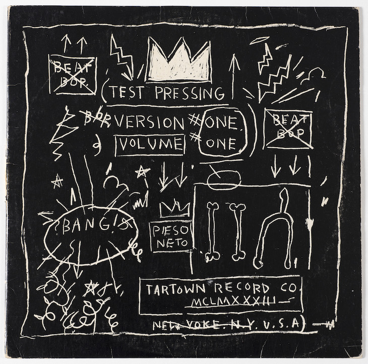 Front album cover of Beat Bop: Rammellzee Versus K-Rob (Tartown Record Co.; 1983), Jean-Michel Basquiat.