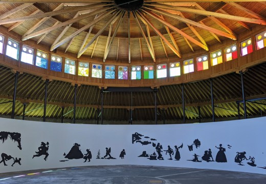 Installation view of Kara Walker’s ‘Presenting Negro Scenes Drawn Upon My Passage through the South and Reconfigured for the Benefit of Enlightened Audiences Wherever Such May Be Found, By Myself, Missus K.E.B. Walker, Colored’ (1997) and (above) Cauleen Smith’s ‘The Right Time, Before and After’ (2017) in ‘Toward Common Cause: Art, Social Change, and the MacArthur Fellows Program at 40’