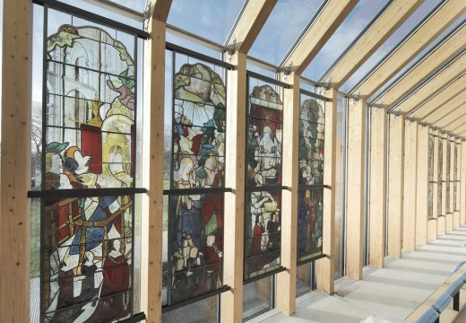 Four stained-glass panels from a group of eight depicting scenes from the life of John the Baptist, made in Rouen in c. 1510 and installed in the south wall of the Burrell Collection, Glasgow.